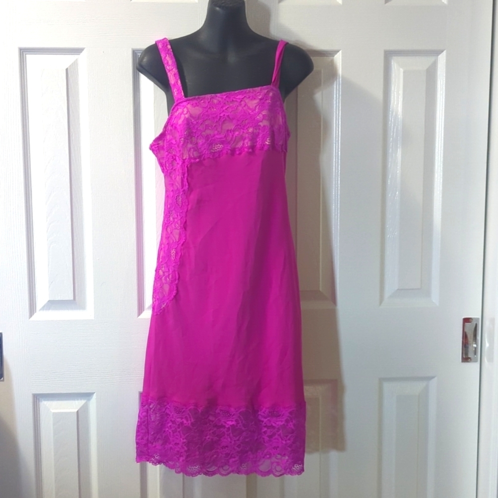 Victoria's Secret Bright Pink Lace Trim Nightgown Assymetric 6 Small